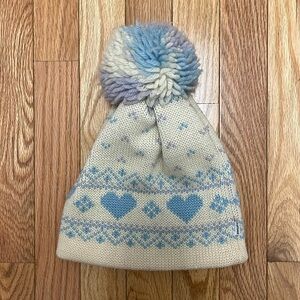 Vintage Smiley Cross-Stitch 100% Wool Snow Ski‎ Cap - Cream Blue Heart